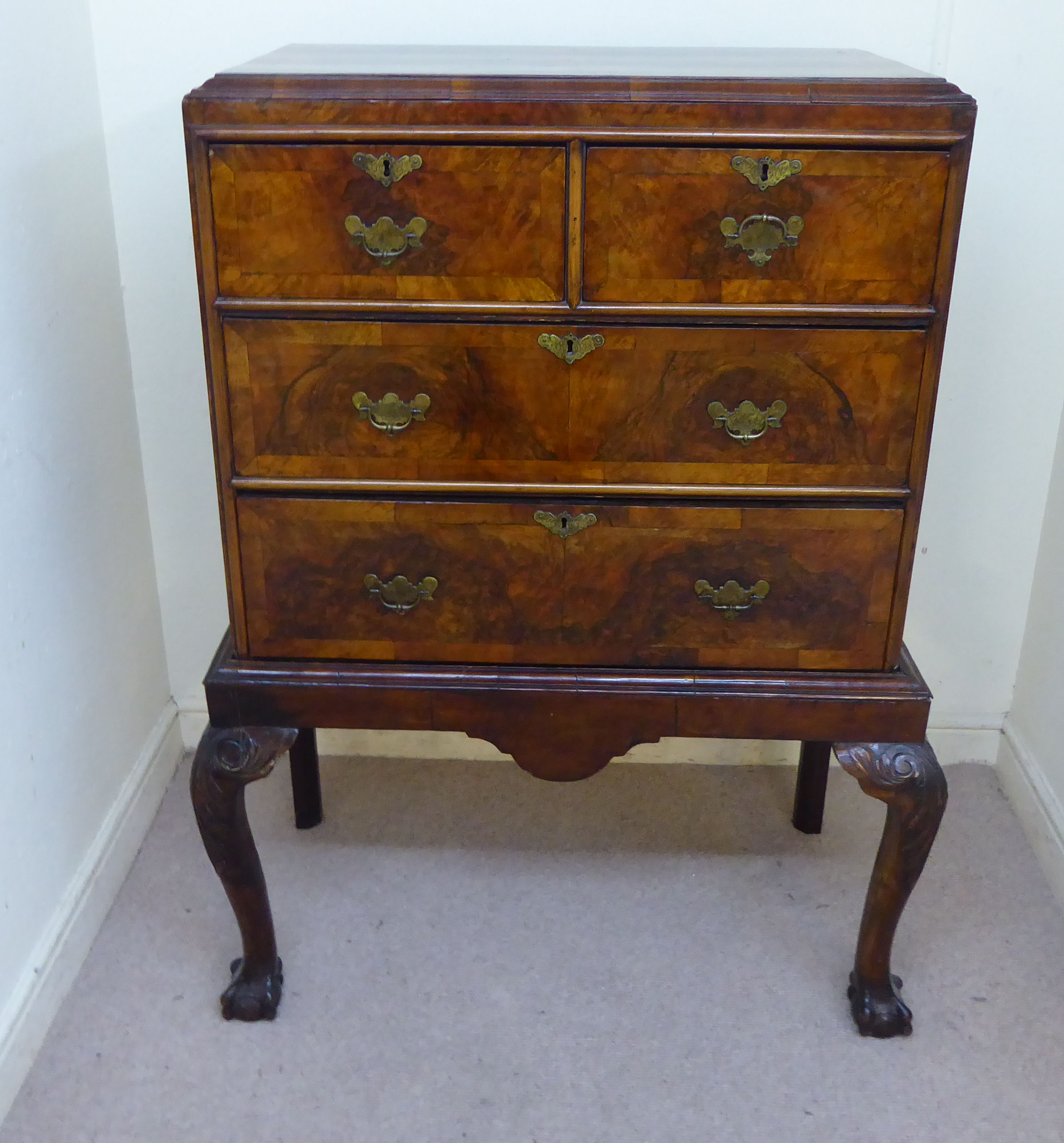 A George III walnut veneered chest on a later stand, - Image 2 of 12