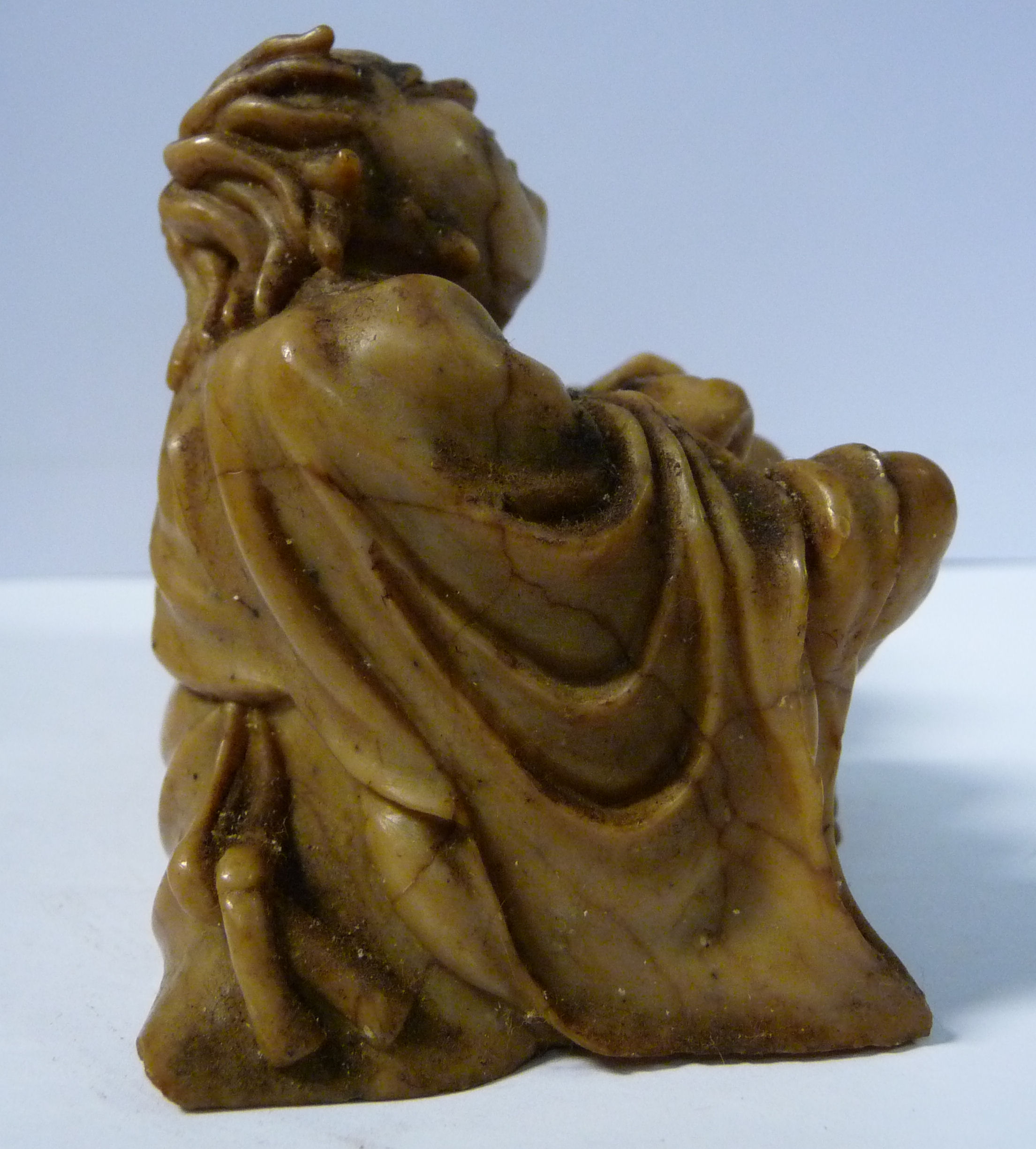 An 18th/19thC Chinese carved light brown soapstone group, two seated corpulent fishermen, - Image 10 of 12