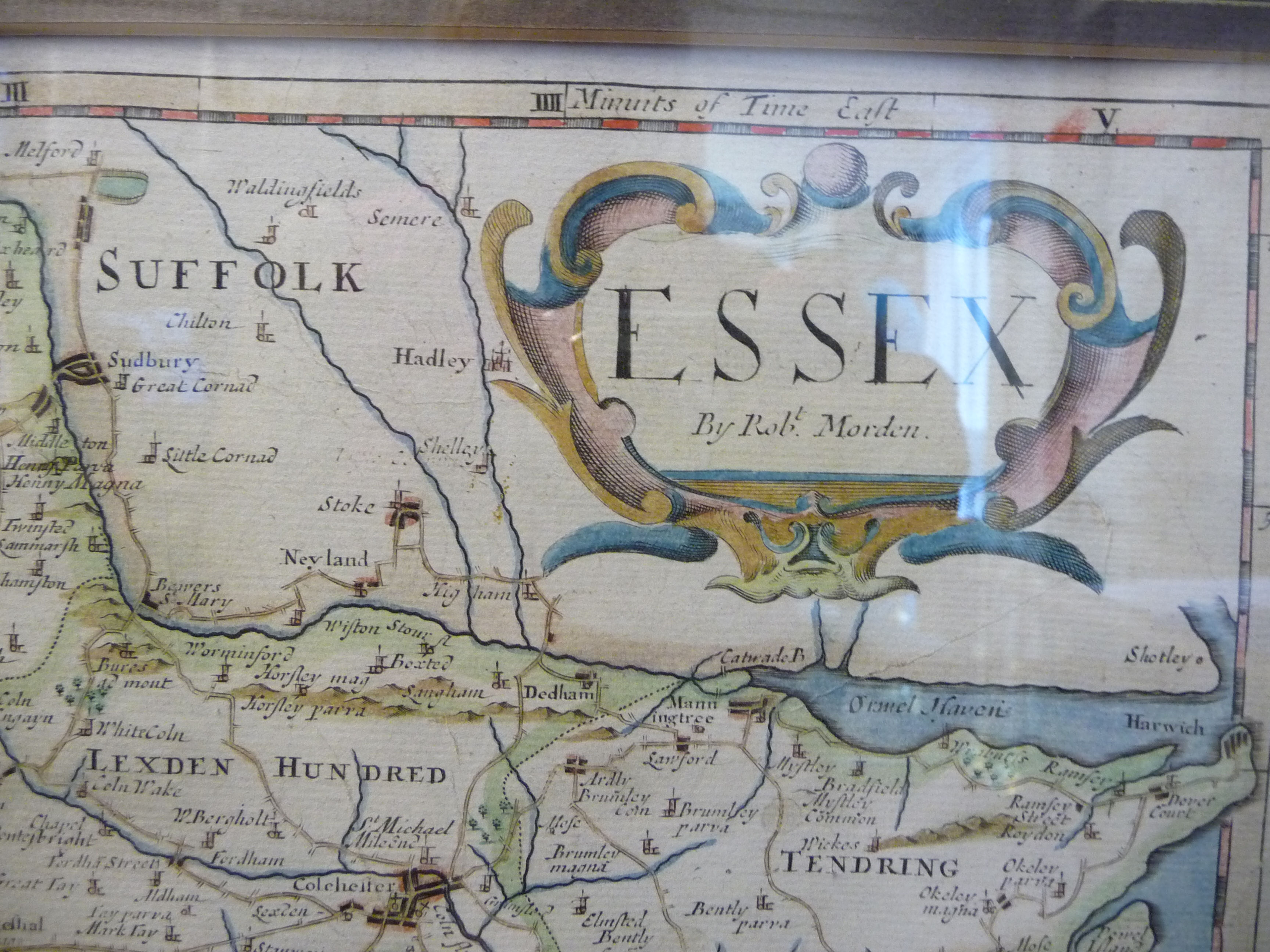 A late 17thC Robert Morden coloured county map 'Essex' with a scrolled title cartouche and scales, - Image 3 of 6