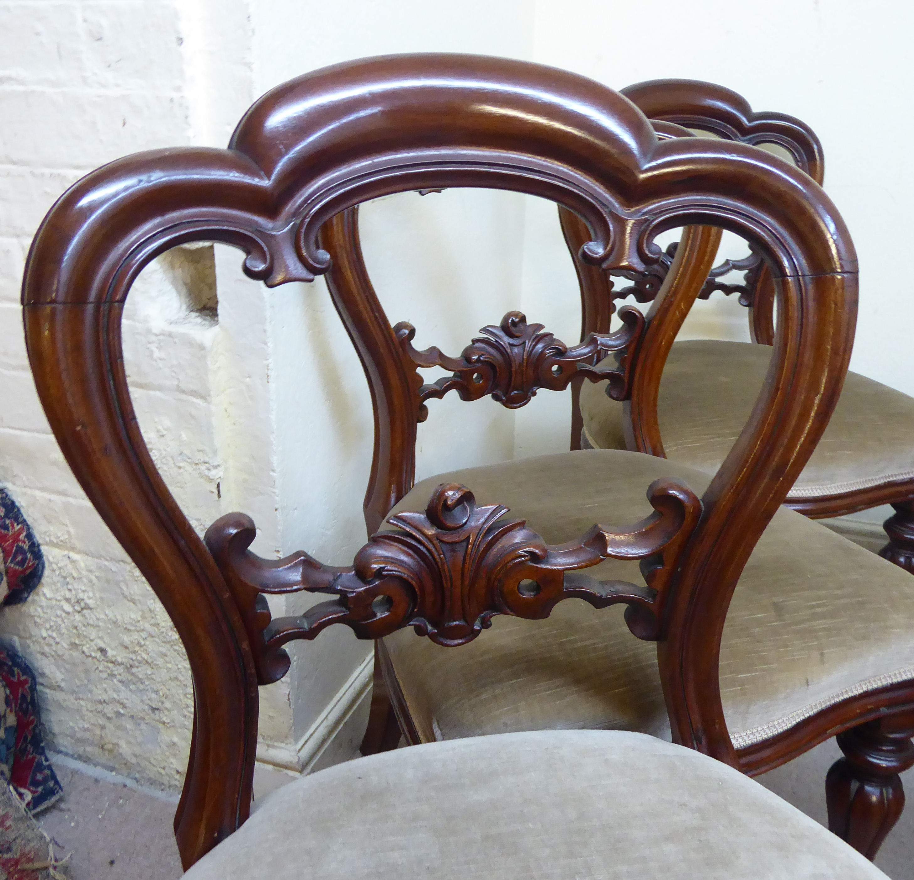 A set of six mid Victorian mahogany framed balloon back dining chairs, each with a carved, - Image 5 of 8