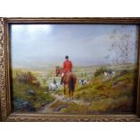 G Wright - a fox hunting scene with hounds and a view towards a village,