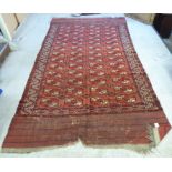 A Bokhara carpet with repeating elephant foot motifs and plain pillar ends on a red ground 139'' x