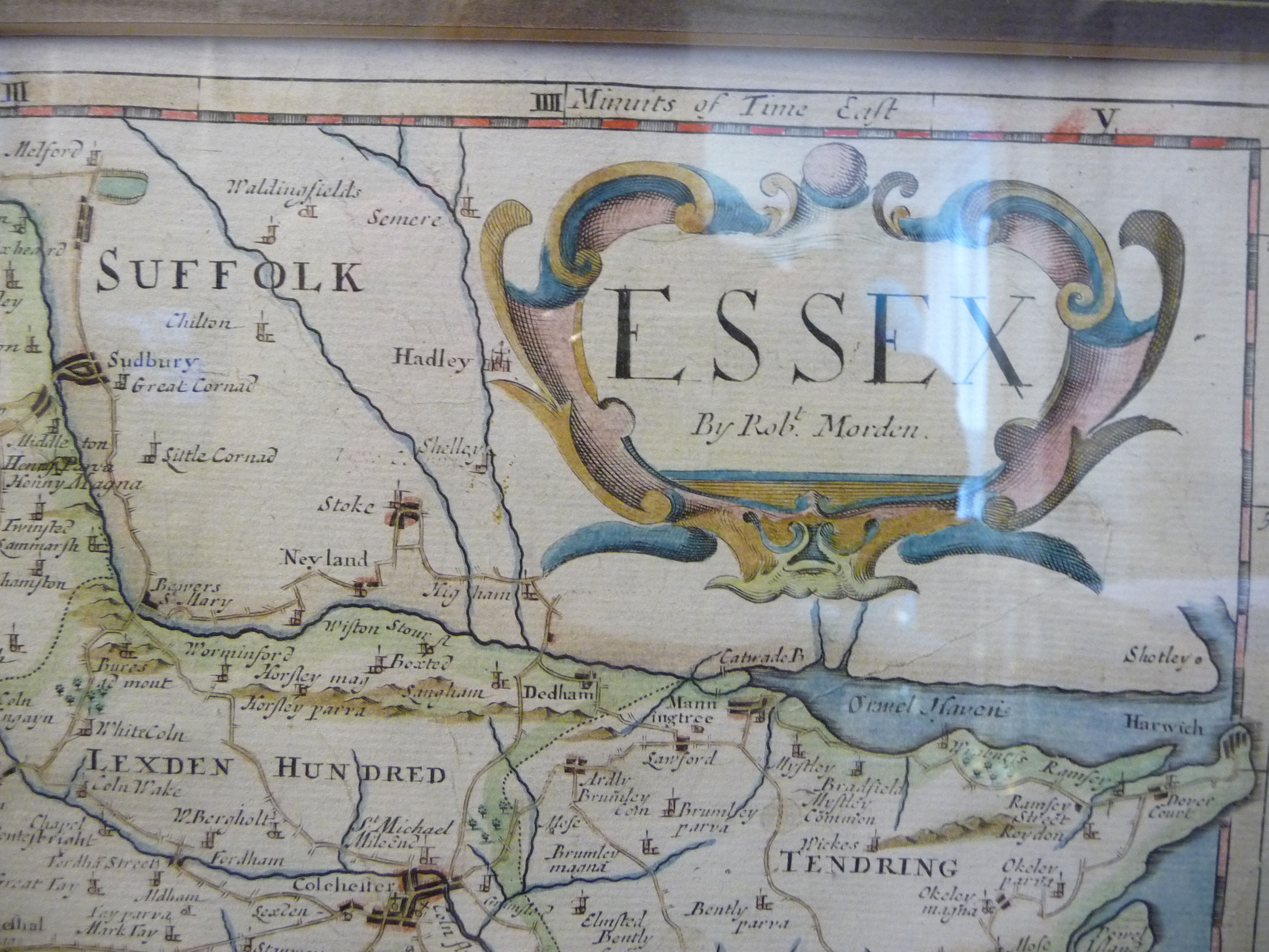 A late 17thC Robert Morden coloured county map 'Essex' with a scrolled title cartouche and scales, - Image 4 of 6