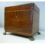 A mid 19thC boxwood and ebony string inlaid mahogany tea caddy with straight sides and a lockable,