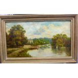 J Lewis - 'The Thames at Richmond' with small sailing boats and other moored craft oil on board
