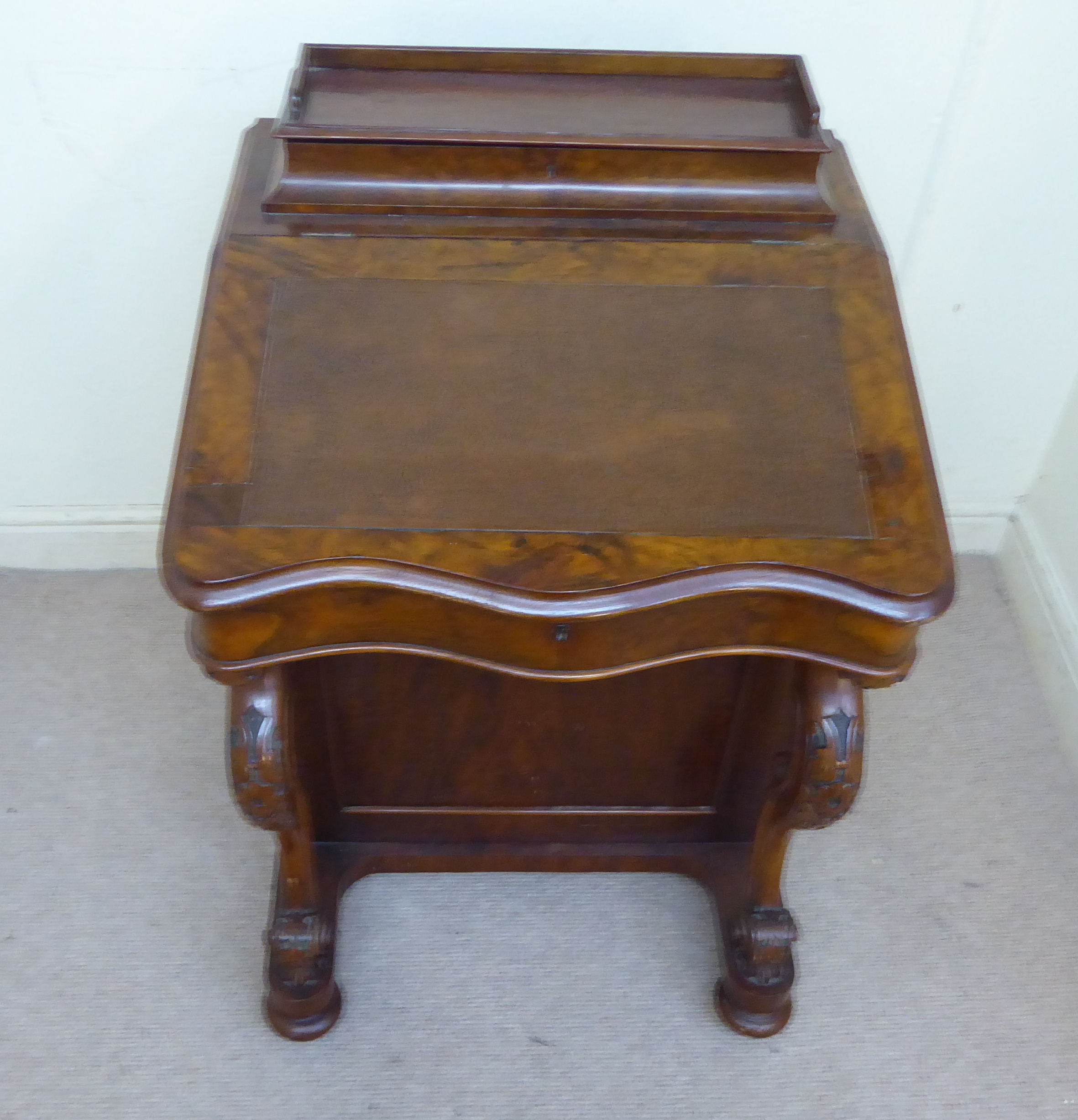 A late Victorian burr walnut veneered Davenport with a sloping, hinged top, - Image 6 of 10