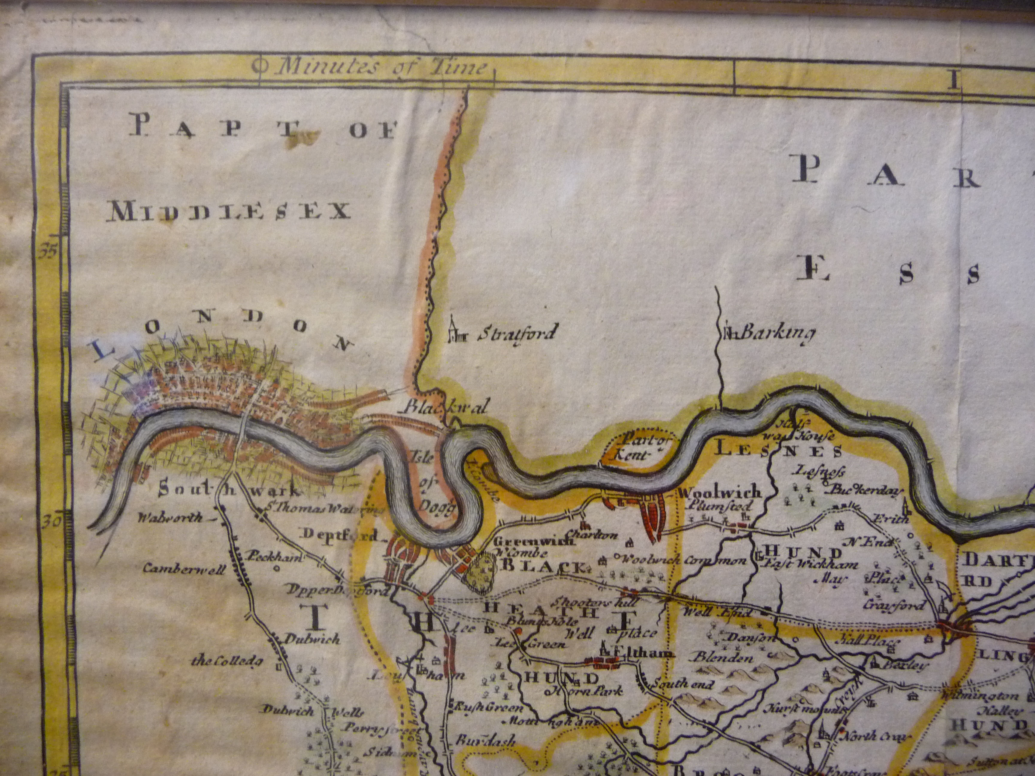 A late 17thC Robert Morden coloured county map 'Kent' with a scrolled title cartouche and scales - Image 7 of 8