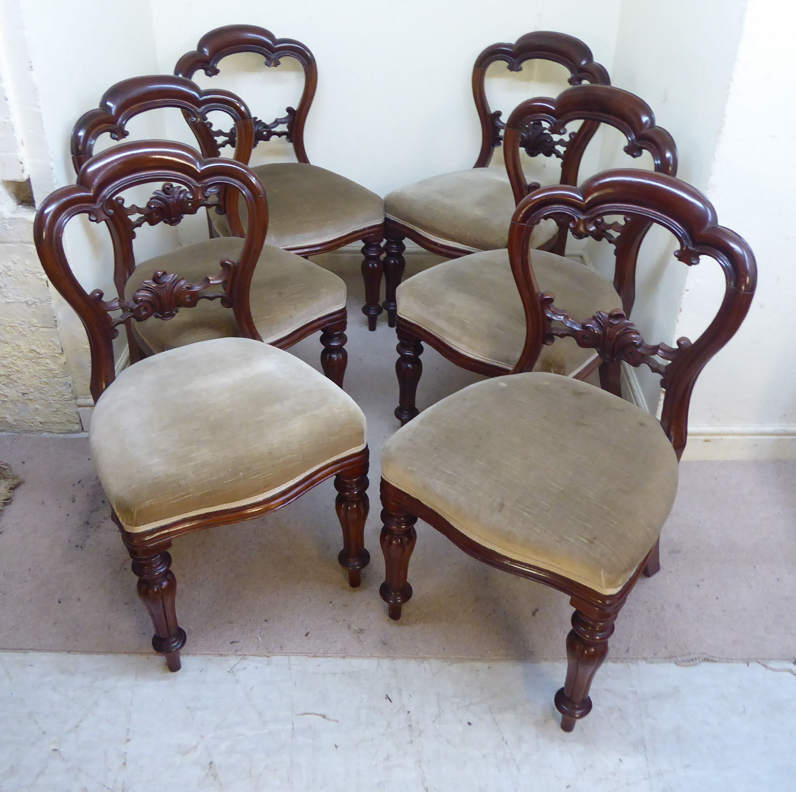 A set of six mid Victorian mahogany framed balloon back dining chairs, each with a carved, - Image 2 of 8