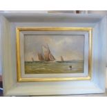J Ferry - an offshore scene with racing yachts under sail oil on board bears a signature 6'' x