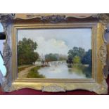 J Lewis - 'The Thames at Richmond' with small vessels in the foreground oil on canvas bears a