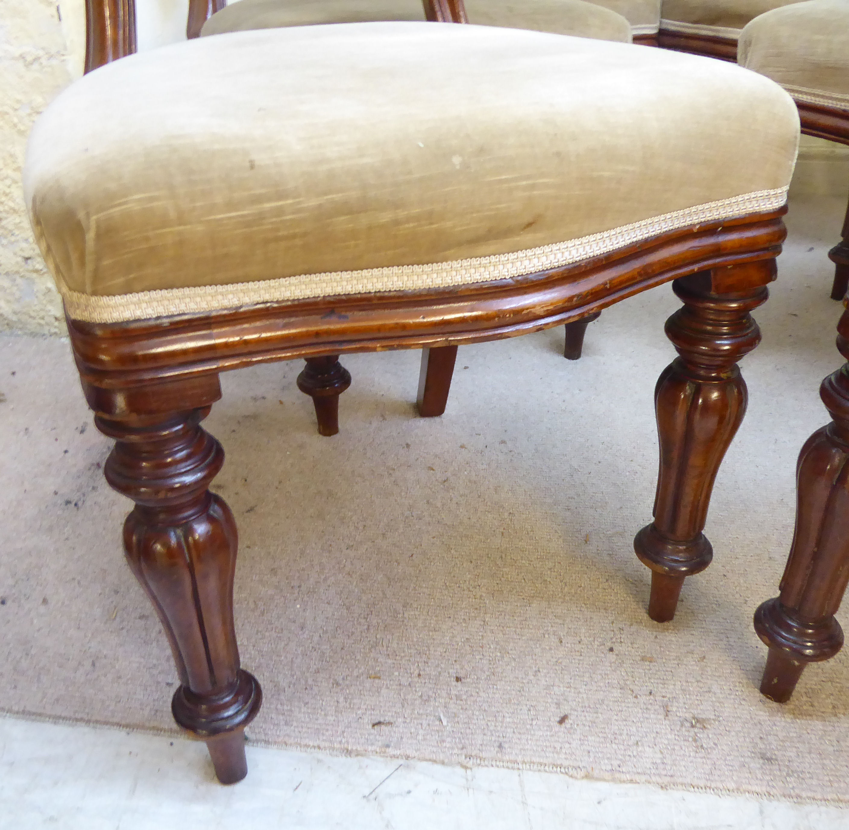 A set of six mid Victorian mahogany framed balloon back dining chairs, each with a carved, - Image 7 of 8