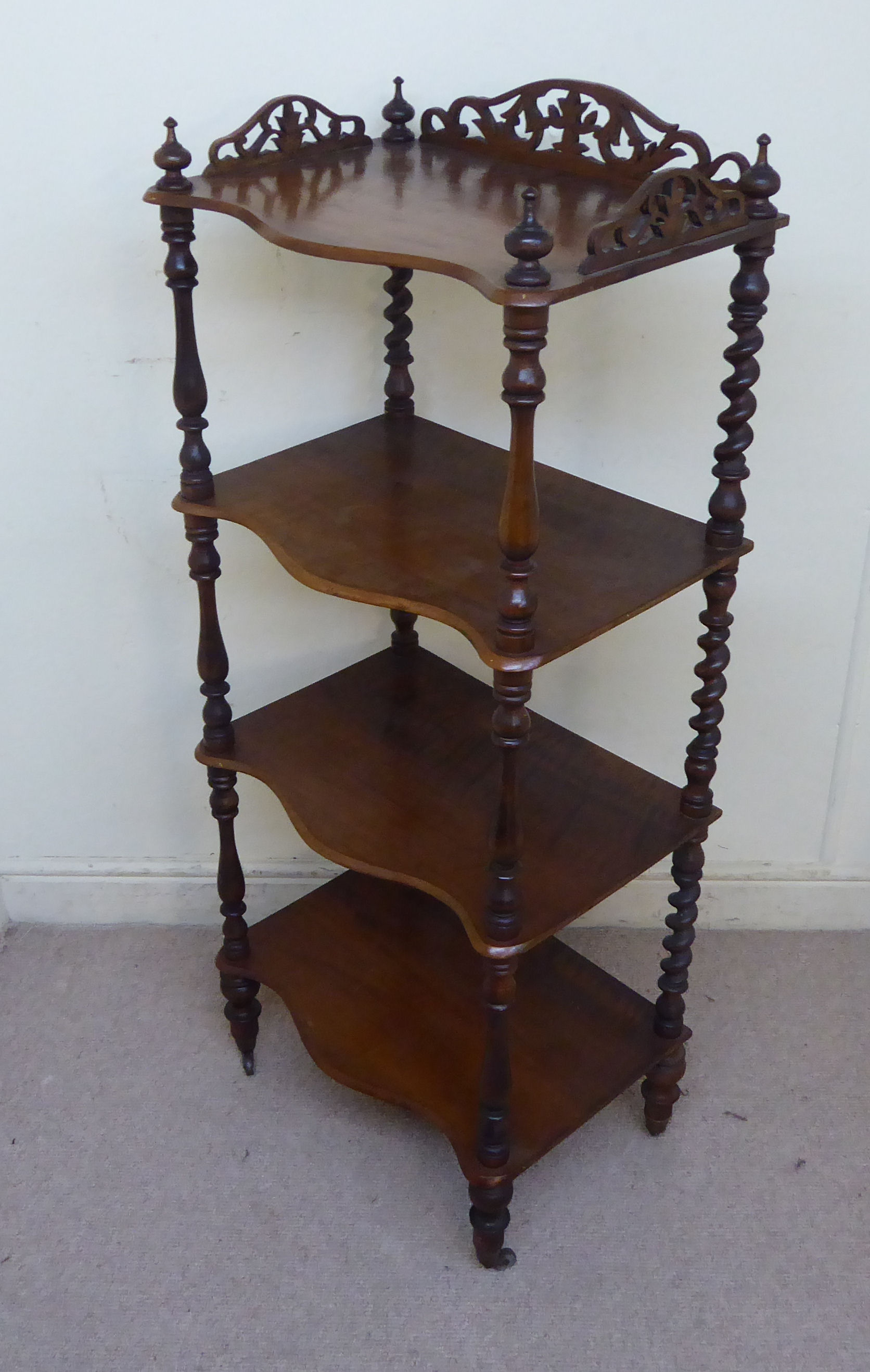 A late Victorian walnut four tier serpentine front what-not, - Image 2 of 8