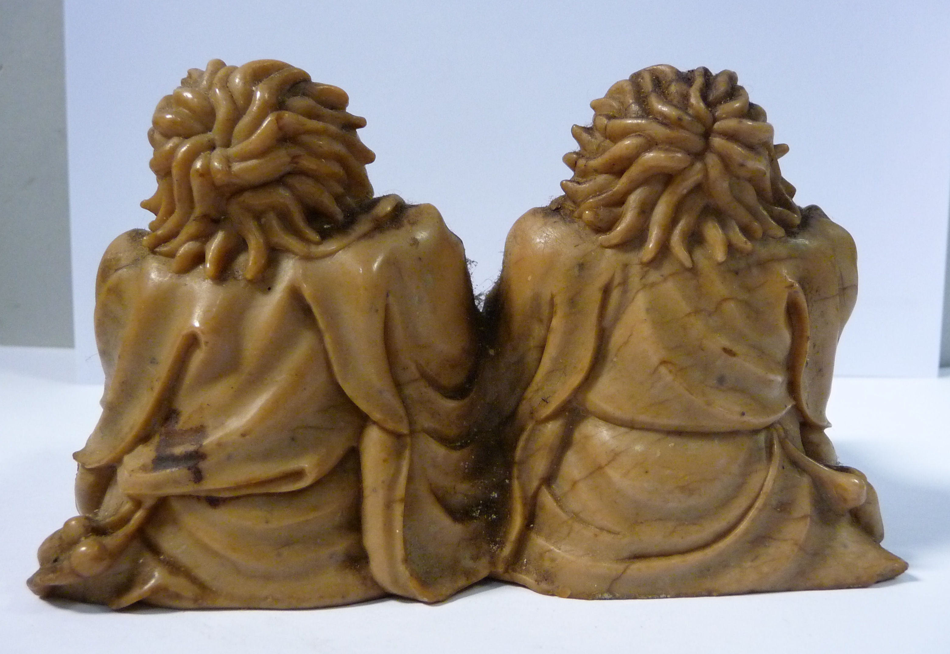 An 18th/19thC Chinese carved light brown soapstone group, two seated corpulent fishermen, - Image 8 of 12