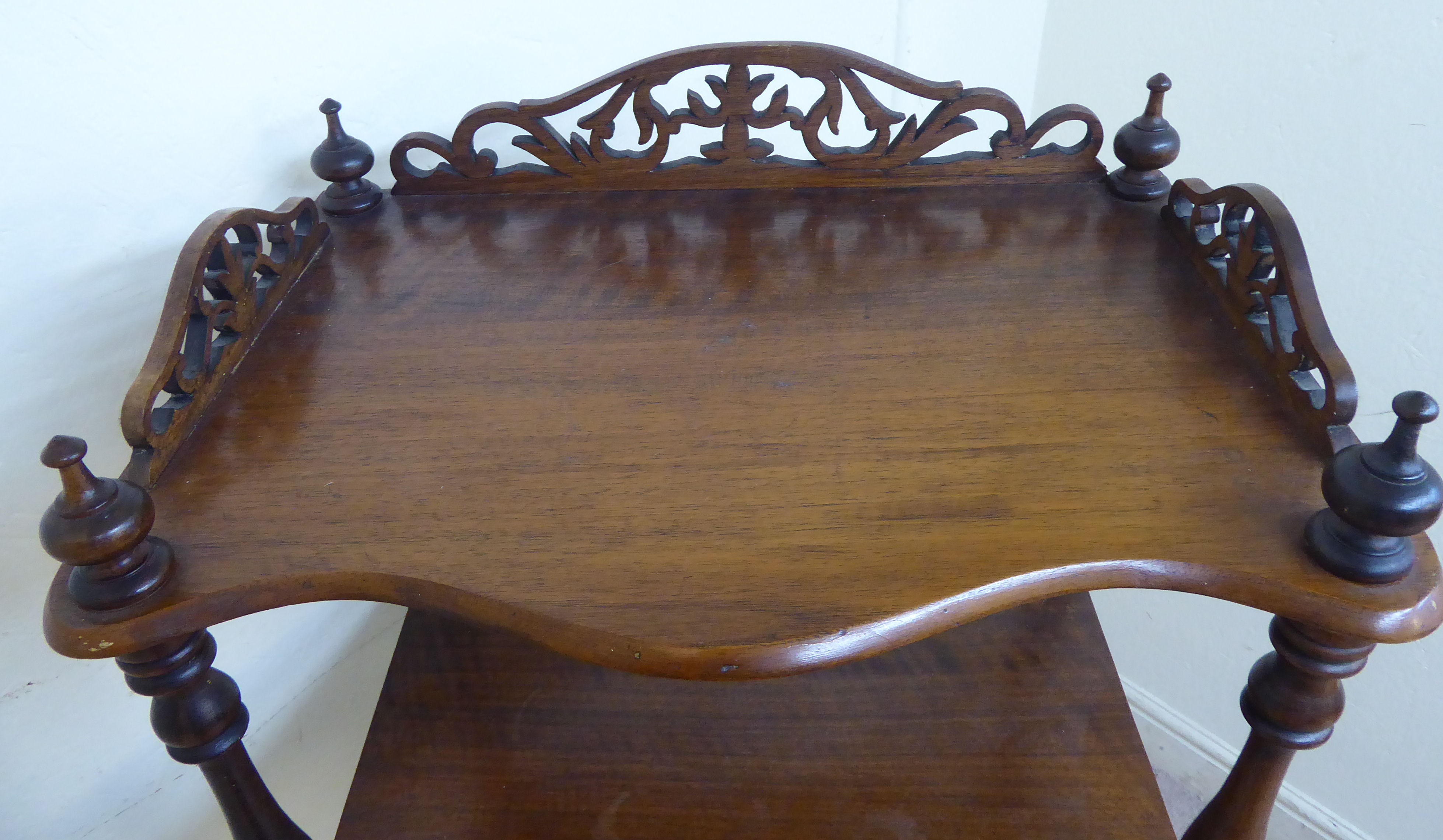 A late Victorian walnut four tier serpentine front what-not, - Image 7 of 8