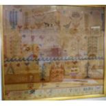 A late Victorian sampler, featuring stylised birds, animals, buildings and trees,
