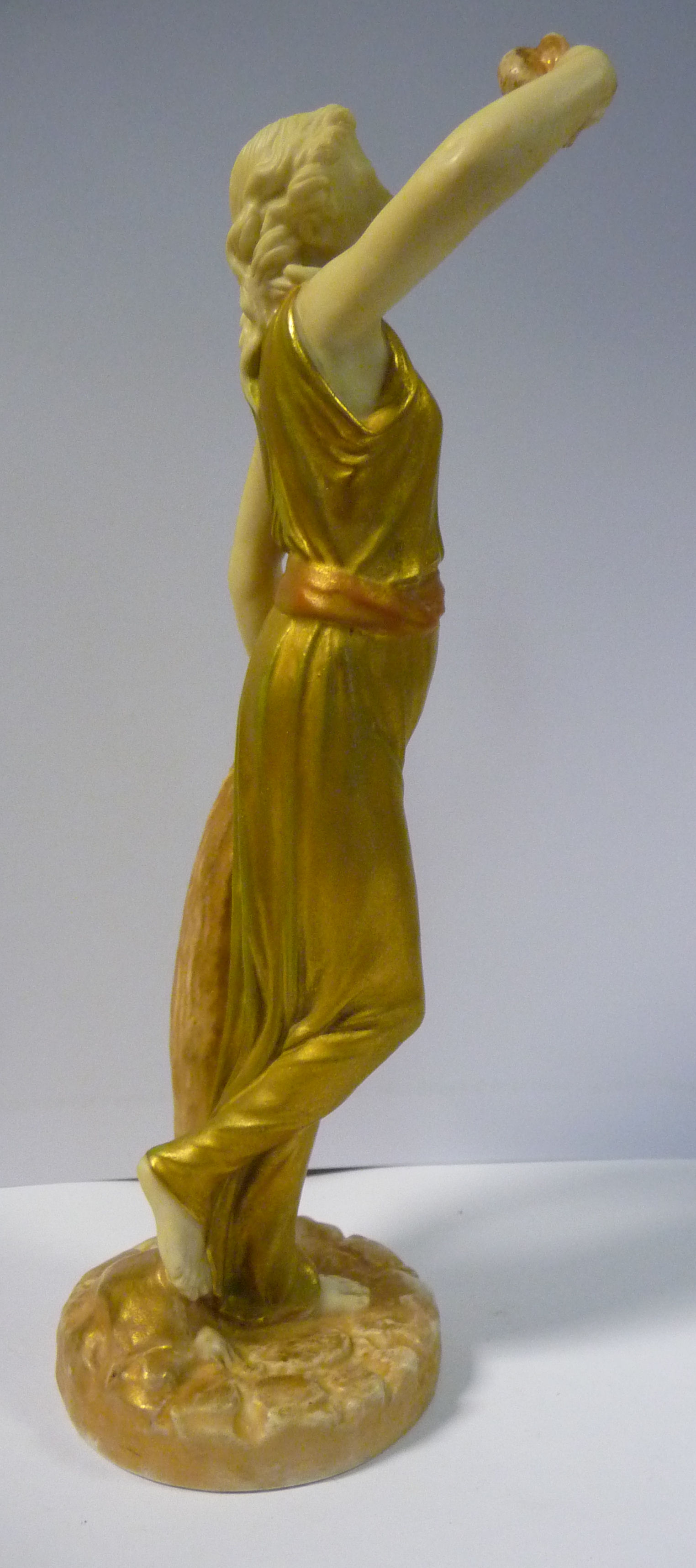 A Royal Worcester gilded and painted satin glazed china figure, a woman holding a dove, - Image 5 of 10