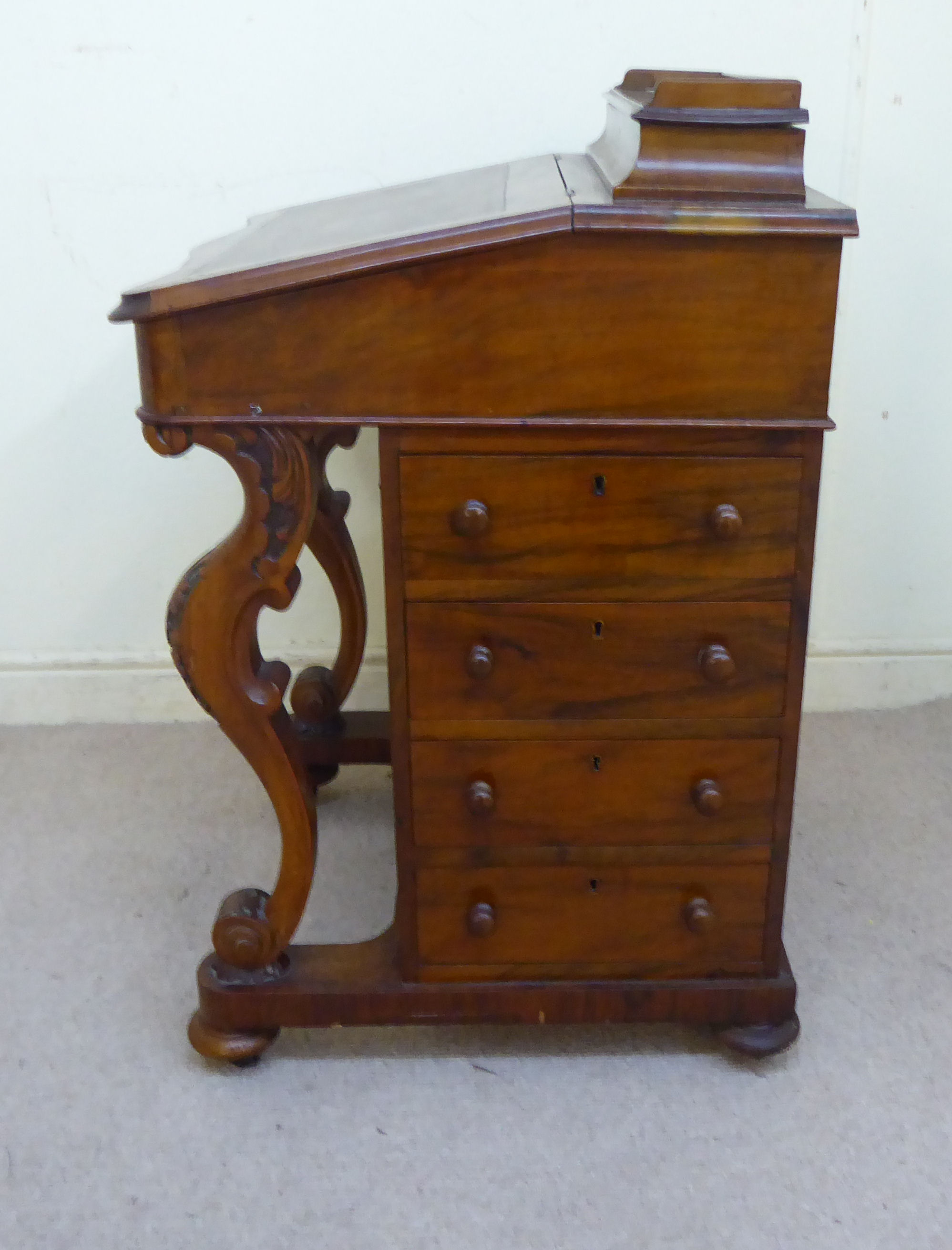 A late Victorian burr walnut veneered Davenport with a sloping, hinged top, - Image 10 of 10