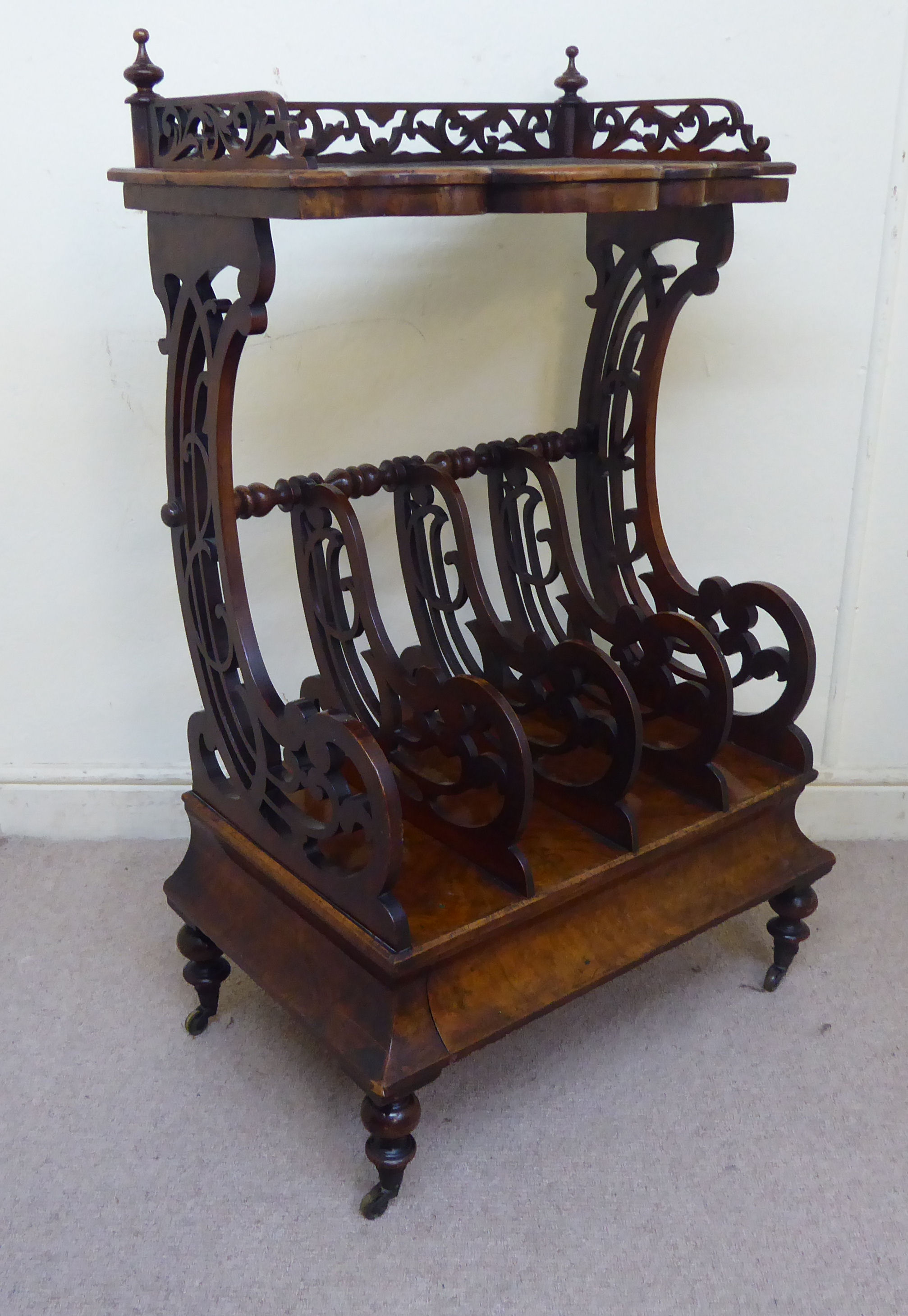 A late Victorian framed and fretworked walnut Canterbury with a galleried, - Image 2 of 10