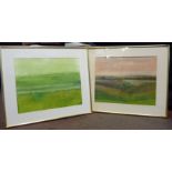 Charles Duranty - 'Fields suffused with light' and 'Bird and figure in a landscape' watercolours