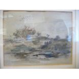 Hercules Brabazon Brabazon - a landscape with trees charcoal & watercolour bears initials HBB