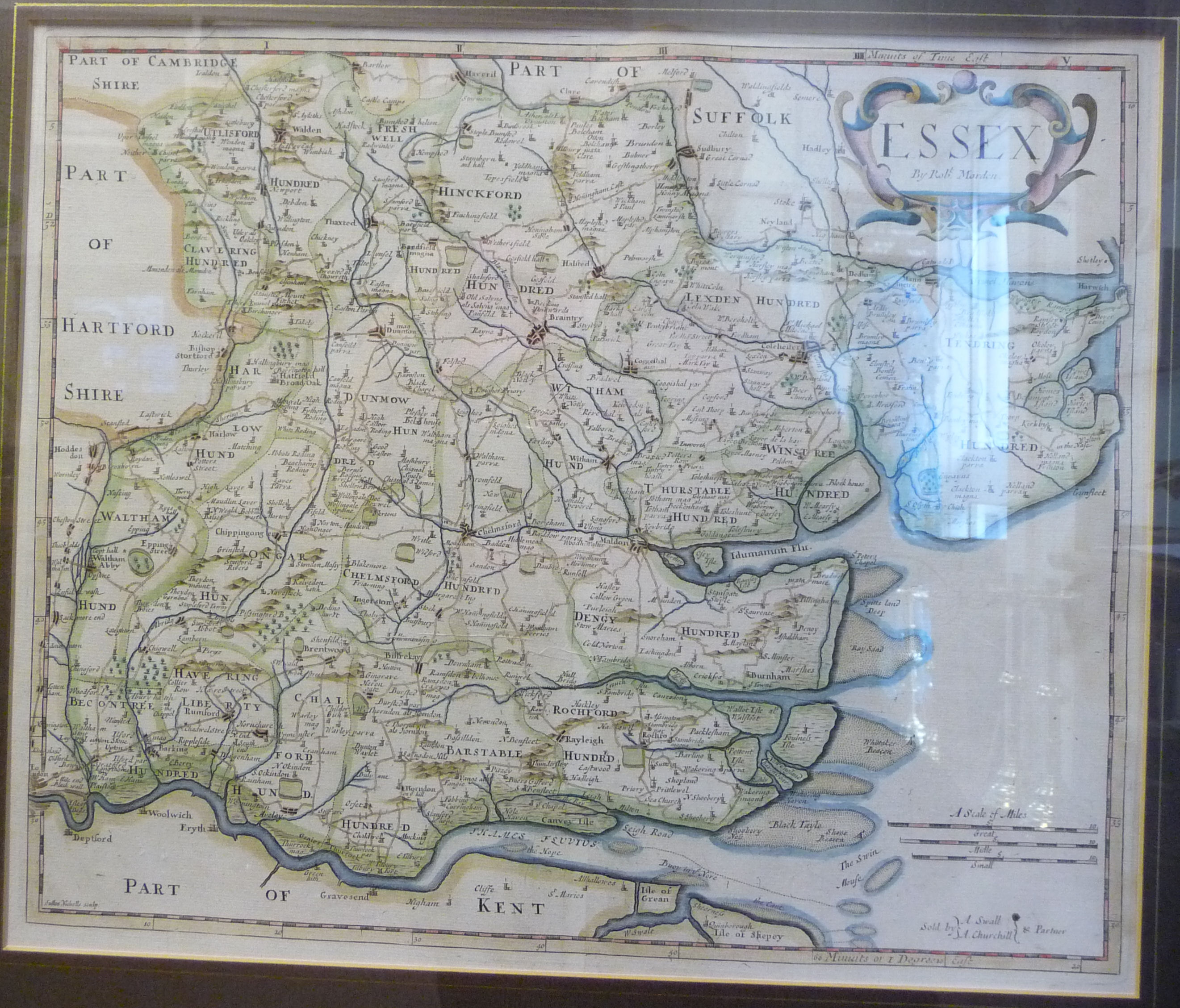 A late 17thC Robert Morden coloured county map 'Essex' with a scrolled title cartouche and scales, - Image 2 of 6