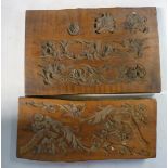 Two similar early 18thC decoratively low relief carved boxwood sugar moulds 9'' x 6'' & 9'' x 4''