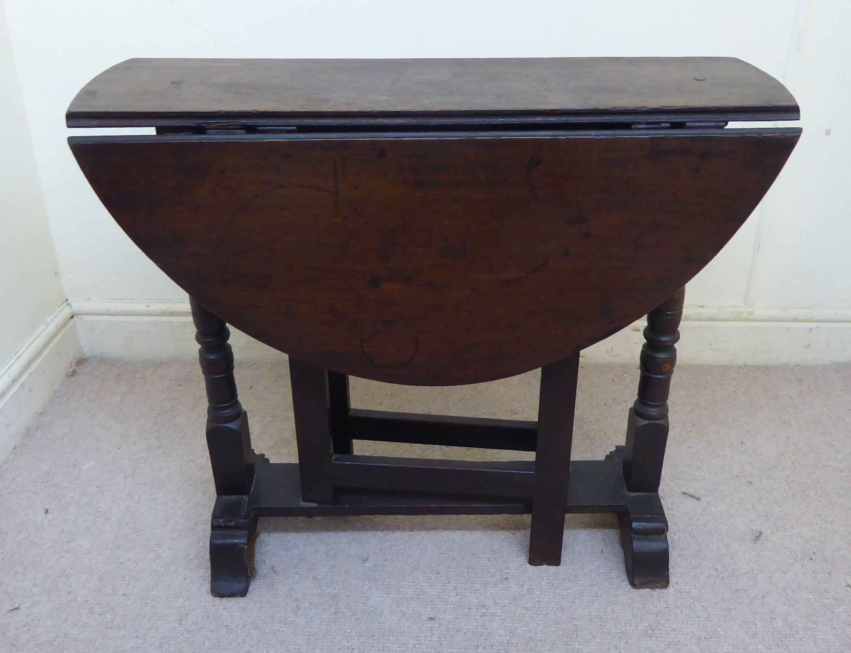 A late 18thC oak occasional table, the oval top with fall flaps, - Image 2 of 6