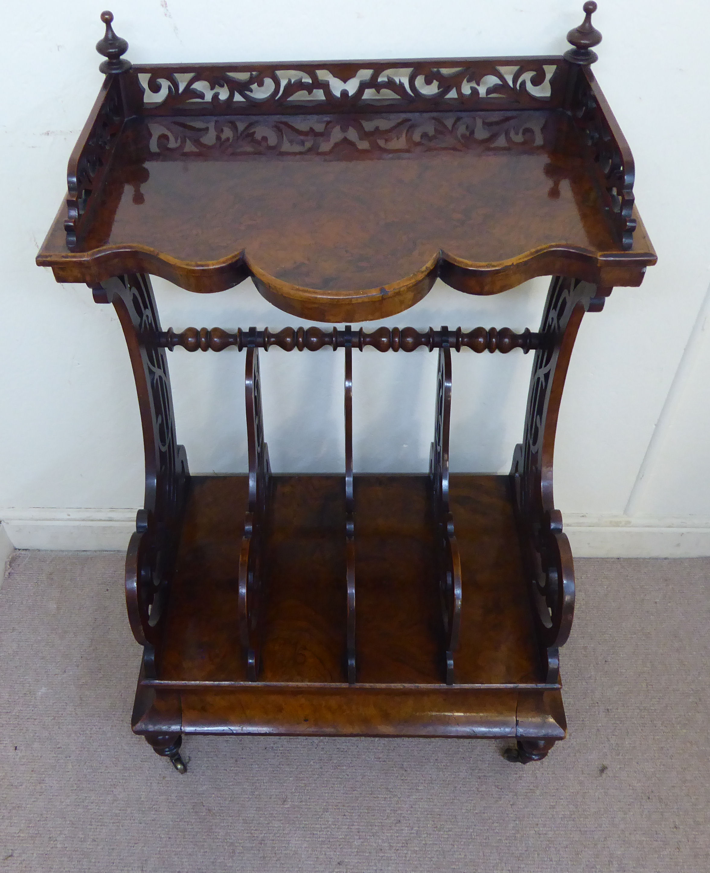 A late Victorian framed and fretworked walnut Canterbury with a galleried, - Image 5 of 10