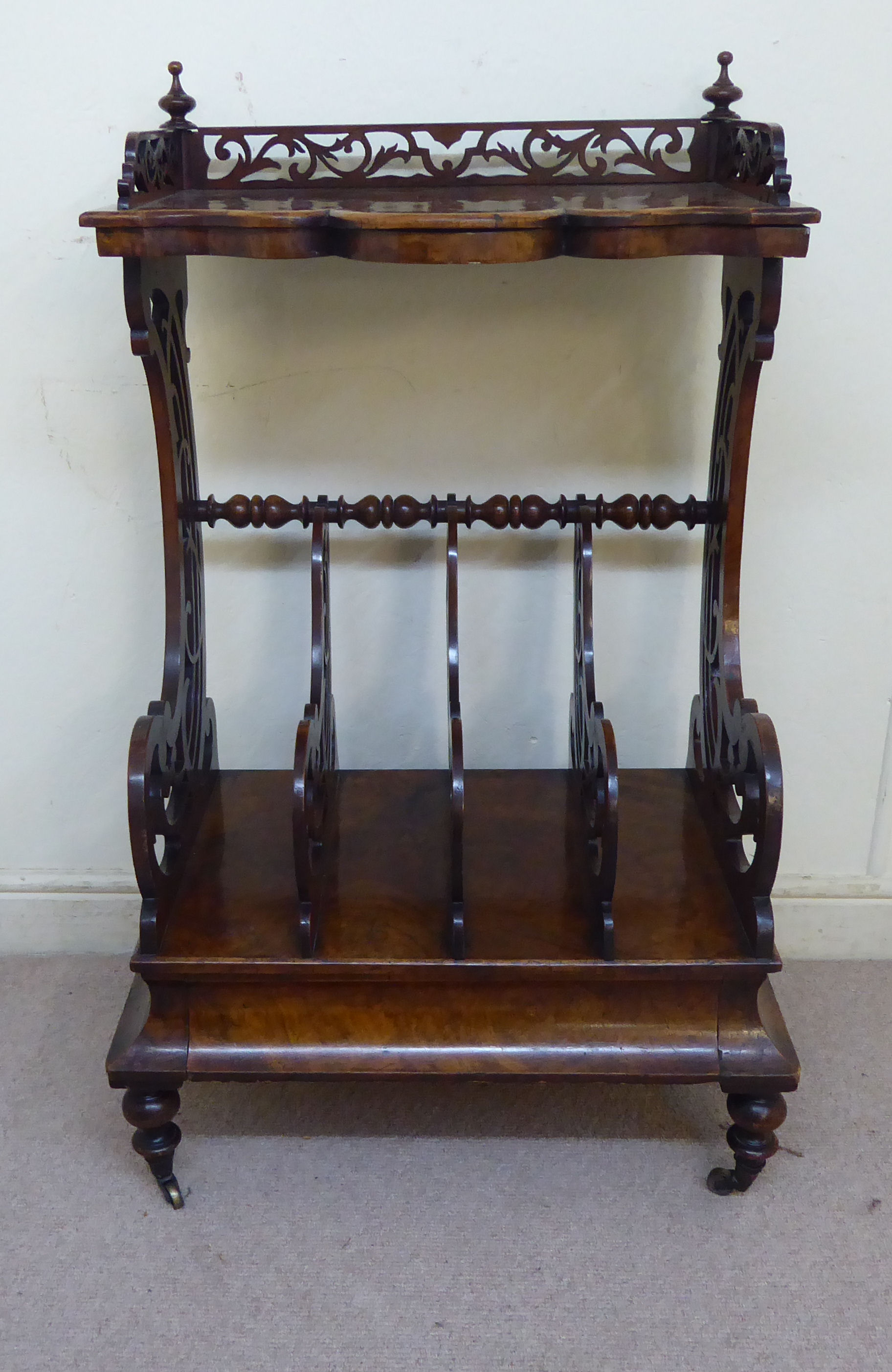 A late Victorian framed and fretworked walnut Canterbury with a galleried, - Image 3 of 10