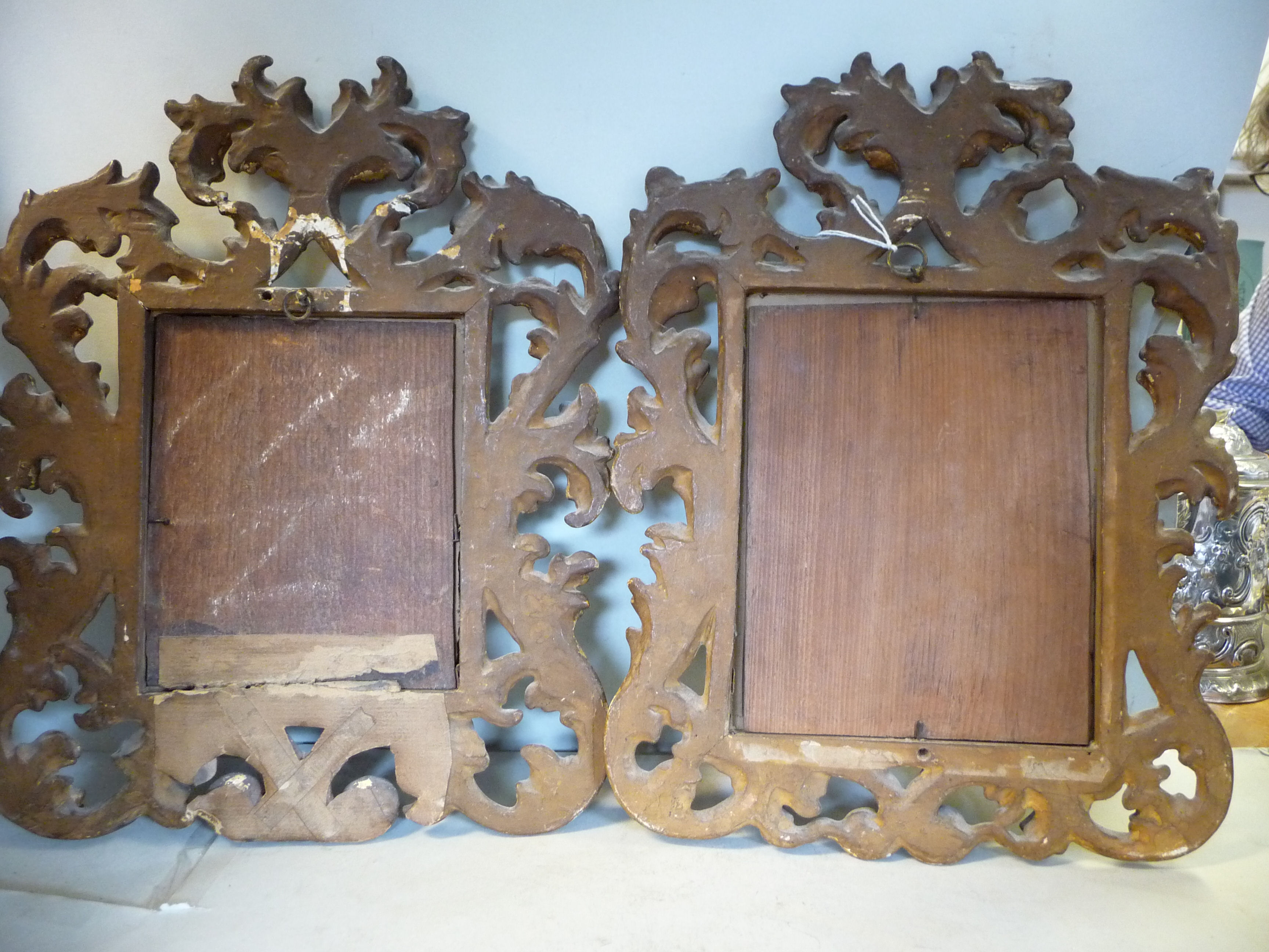 A matched pair of late 19thC Continental foliate scroll carved giltwood picture frames with glazed - Image 9 of 10