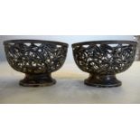 A pair of early 20thC Chinese silver coloured metal footed bowl frames with pierced bamboo ornament