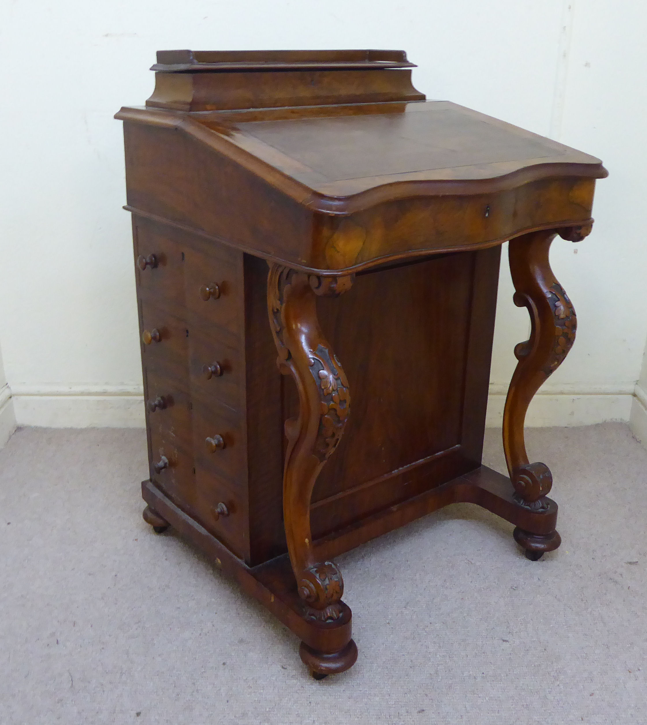 A late Victorian burr walnut veneered Davenport with a sloping, hinged top, - Image 2 of 10