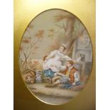 A mid 19thC Continental painting on silk featuring a couple with a dog beside a cottage bears an