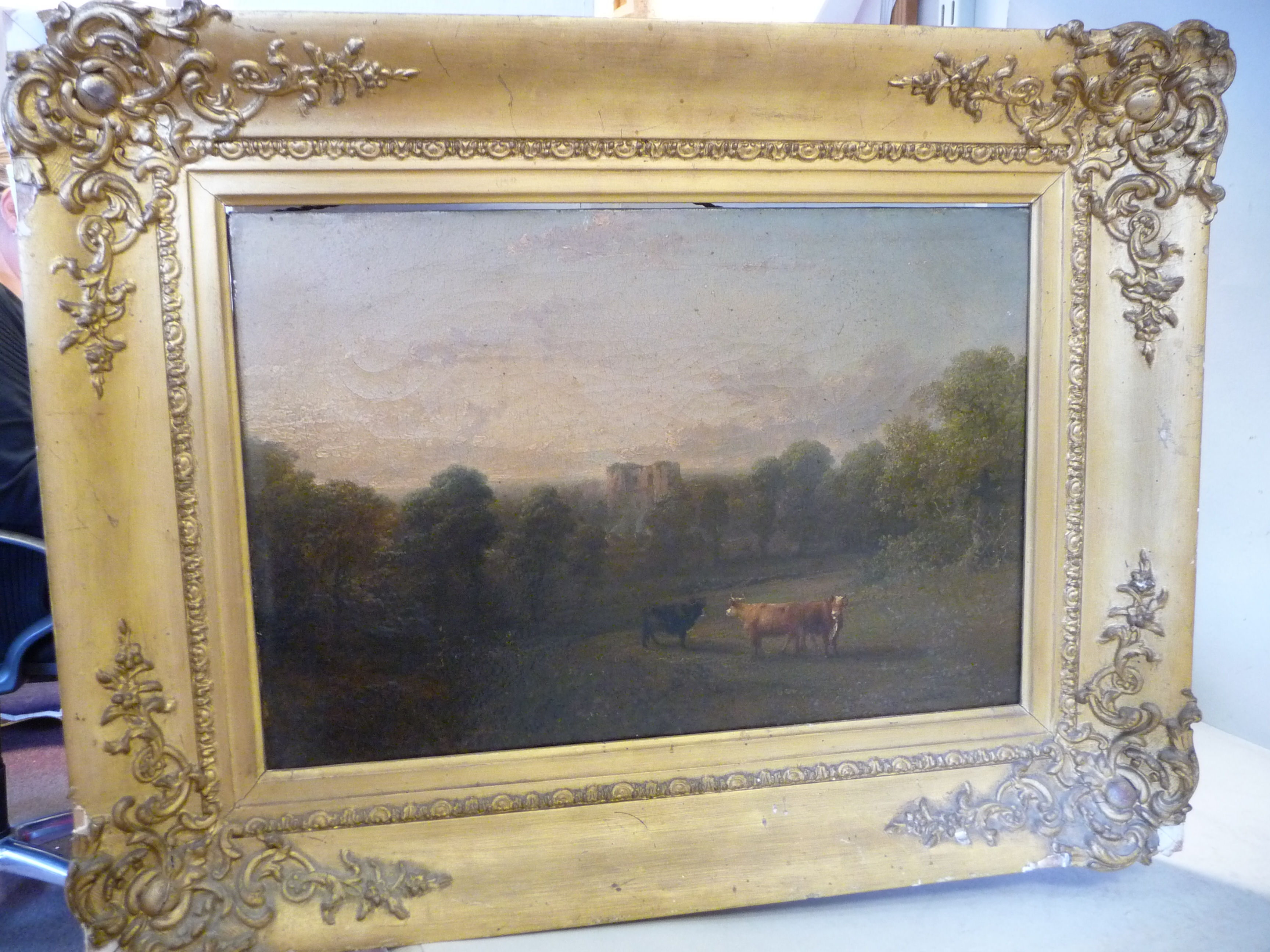 19thC British School - a pastoral scene with cattle in the foreground and castle ruins beyond oil - Image 4 of 10