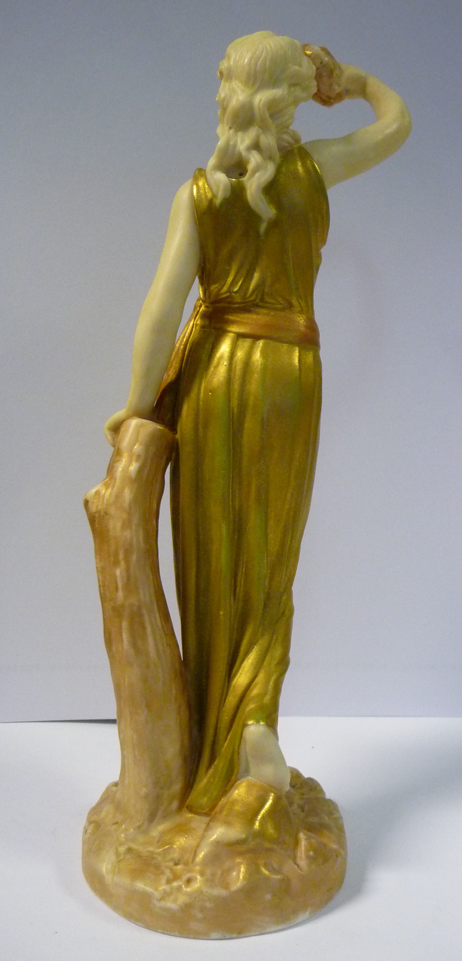 A Royal Worcester gilded and painted satin glazed china figure, a woman holding a dove, - Image 4 of 10