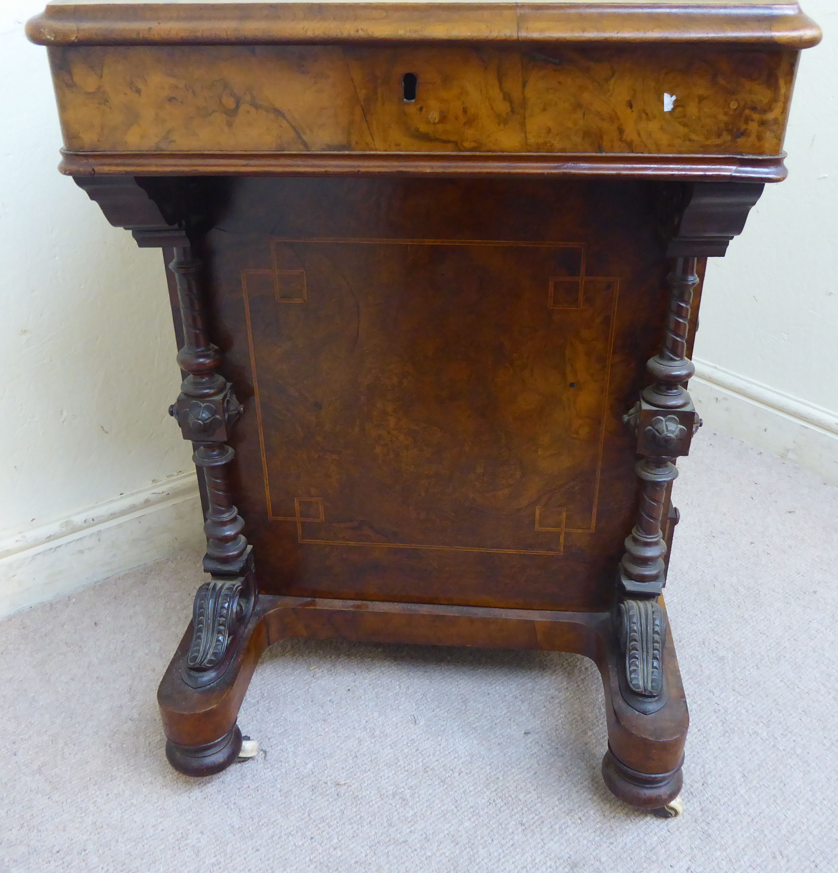 A late Victorian burr walnut veneered Davenport, the sloping, - Image 5 of 10