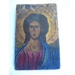 A head and shoulders portrait study of Christ oil with gilding, on a panel 6.5'' x 4.
