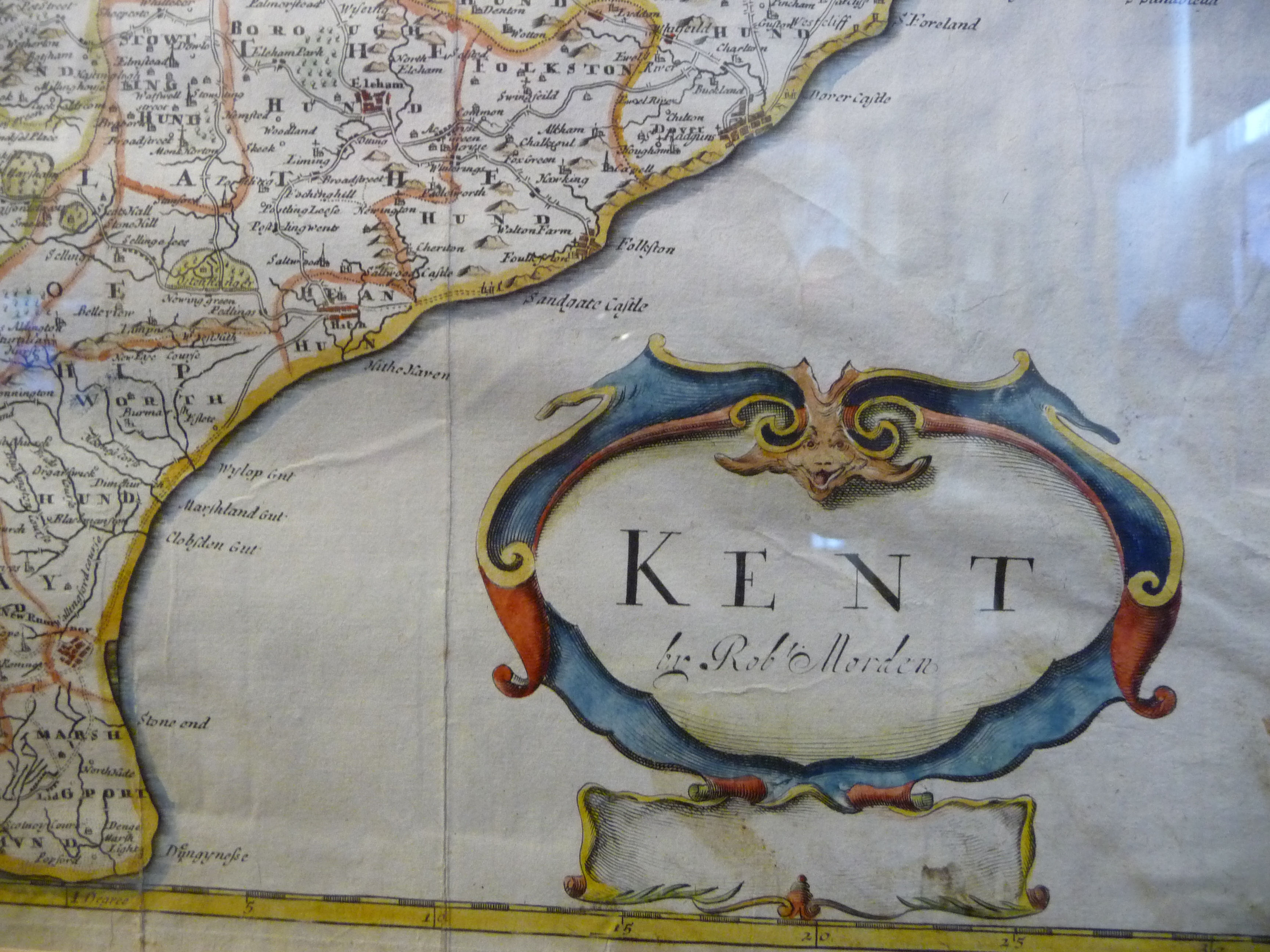 A late 17thC Robert Morden coloured county map 'Kent' with a scrolled title cartouche and scales - Image 3 of 8