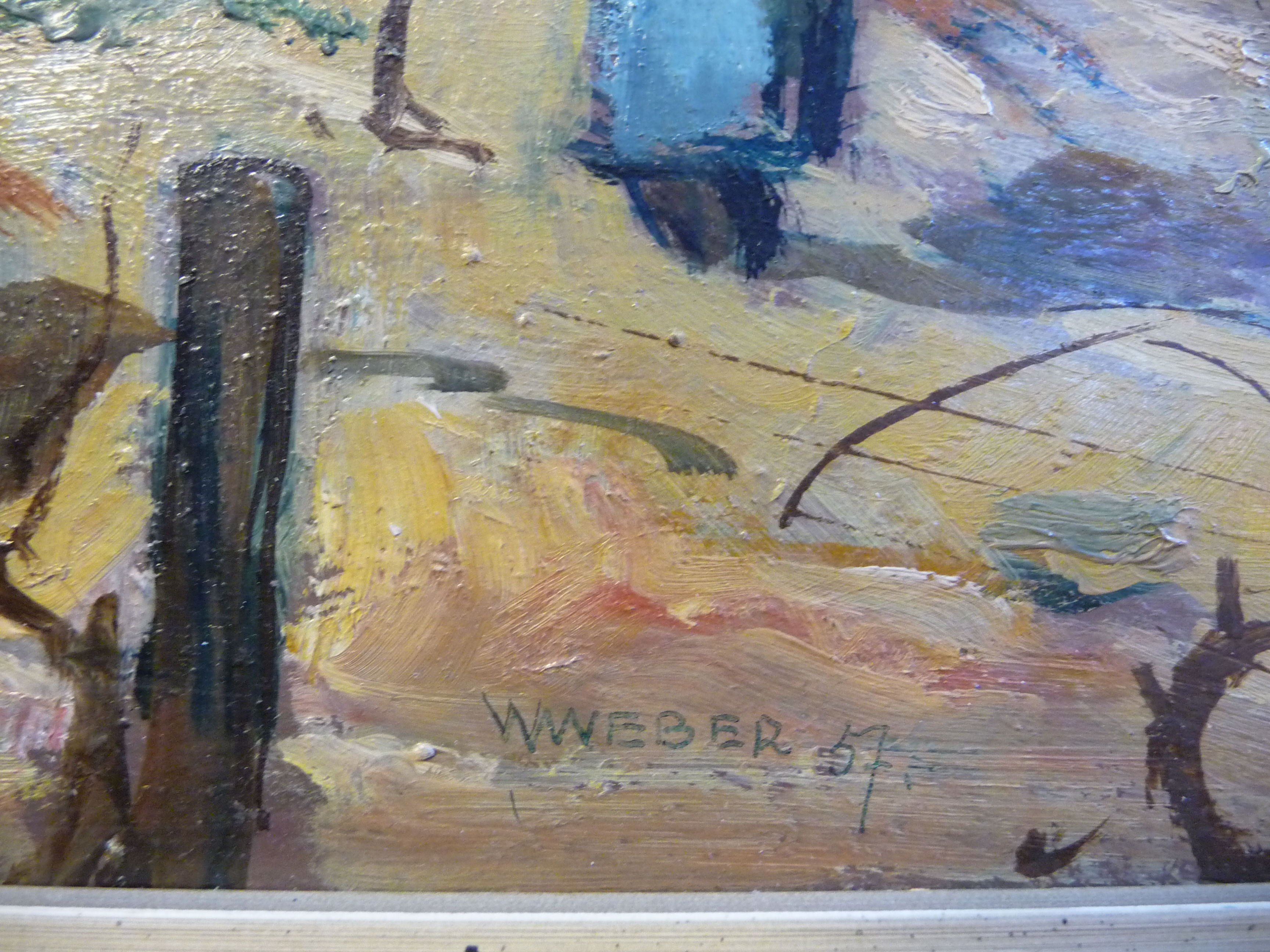 Willy Weber - 'At the vine binding' a landscape with vineyard workers in the foreground on a - Image 3 of 6