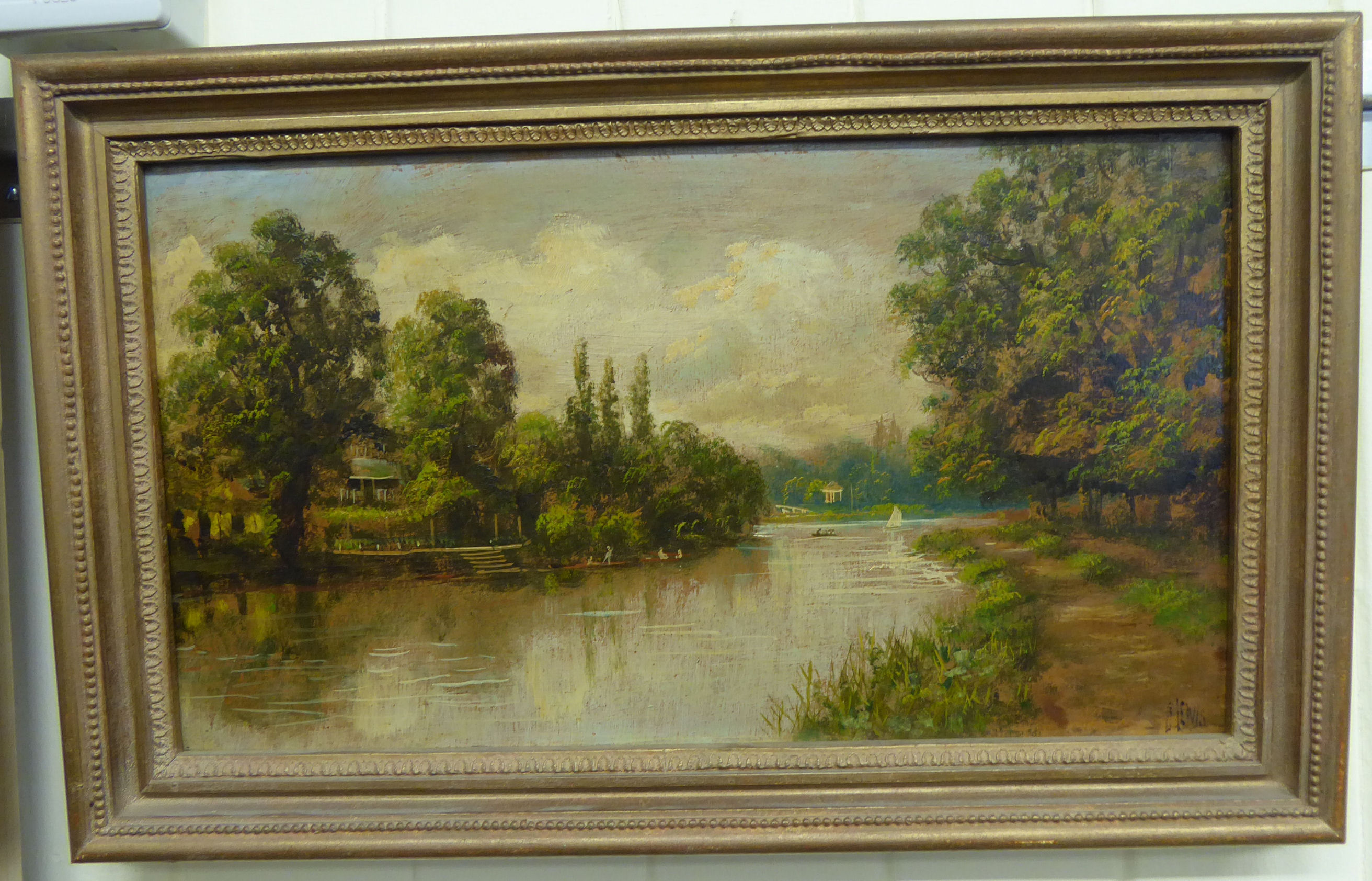 J Lewis - 'The Thames at Richmond' with figures in punts oil on board bears a signature 9.
