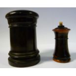 A mid 19thC turned lignum vitae protective matchbox of waisted form with a threaded cap 2.