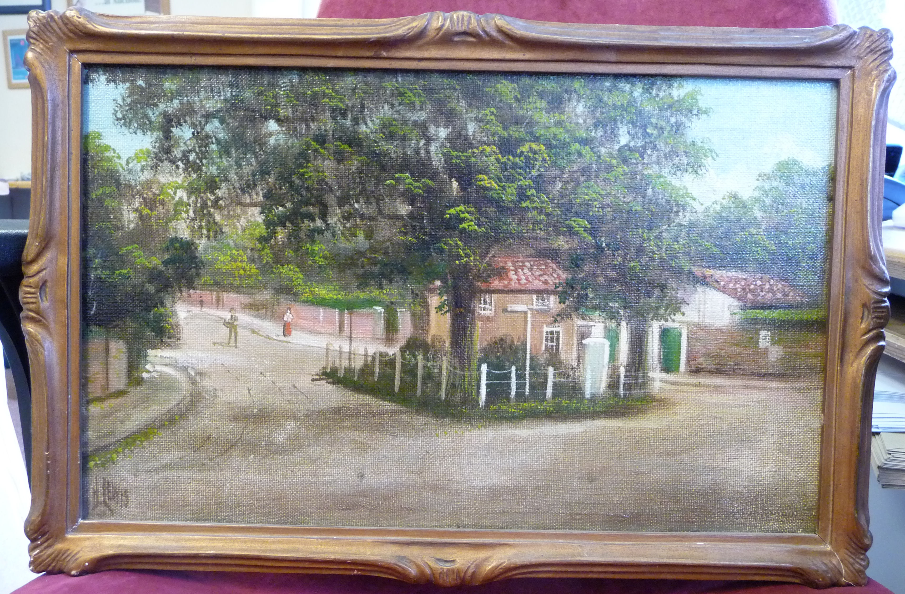 J Lewis - Sheen Lane Corner, (Milestone Green) Richmond oil on canvas bears a signature 9. - Image 2 of 8