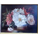 In the manner of Juan de Arrellano - a still life study, mixed flowers oil on canvas 6'' x 7.