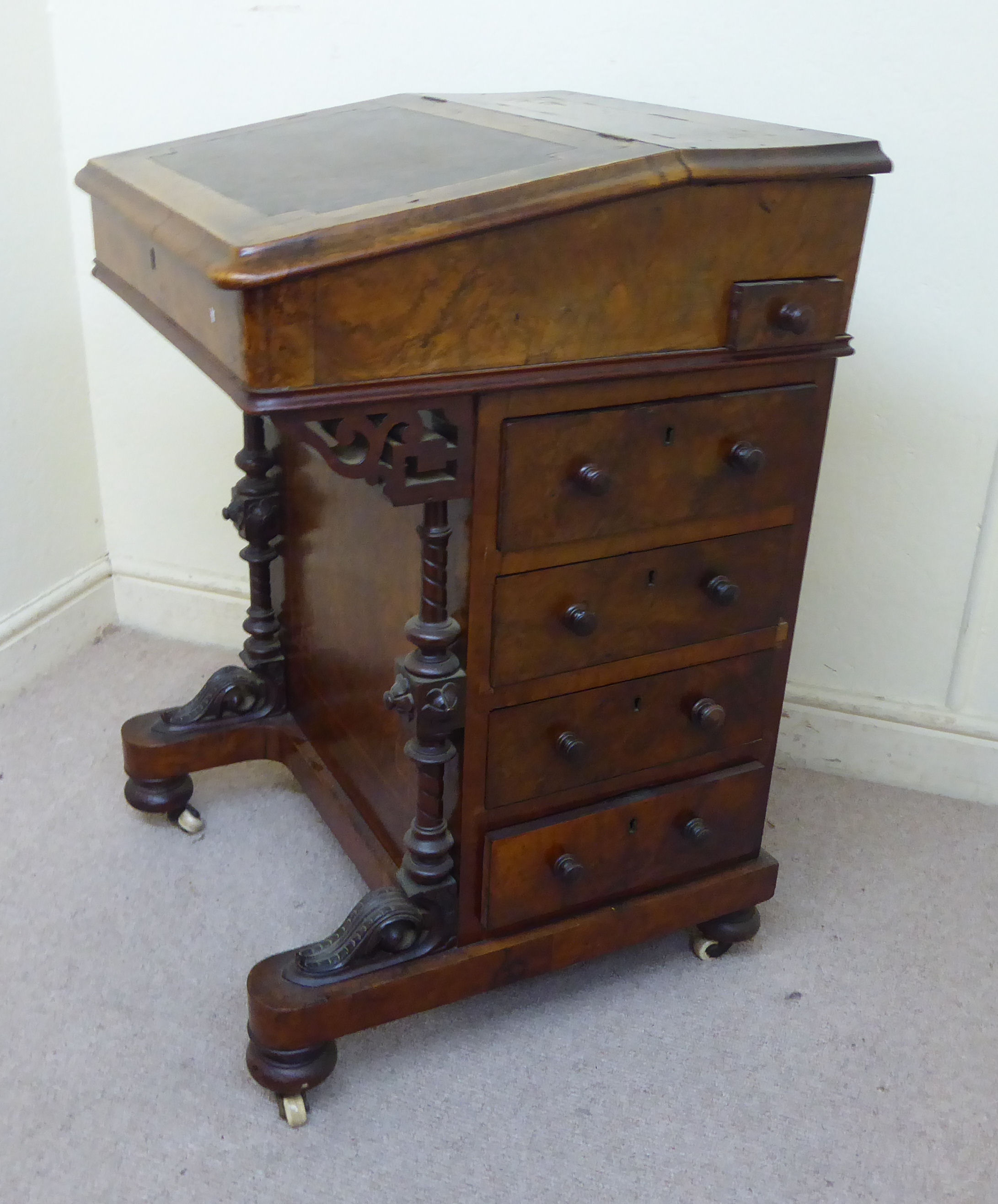 A late Victorian burr walnut veneered Davenport, the sloping, - Image 4 of 10