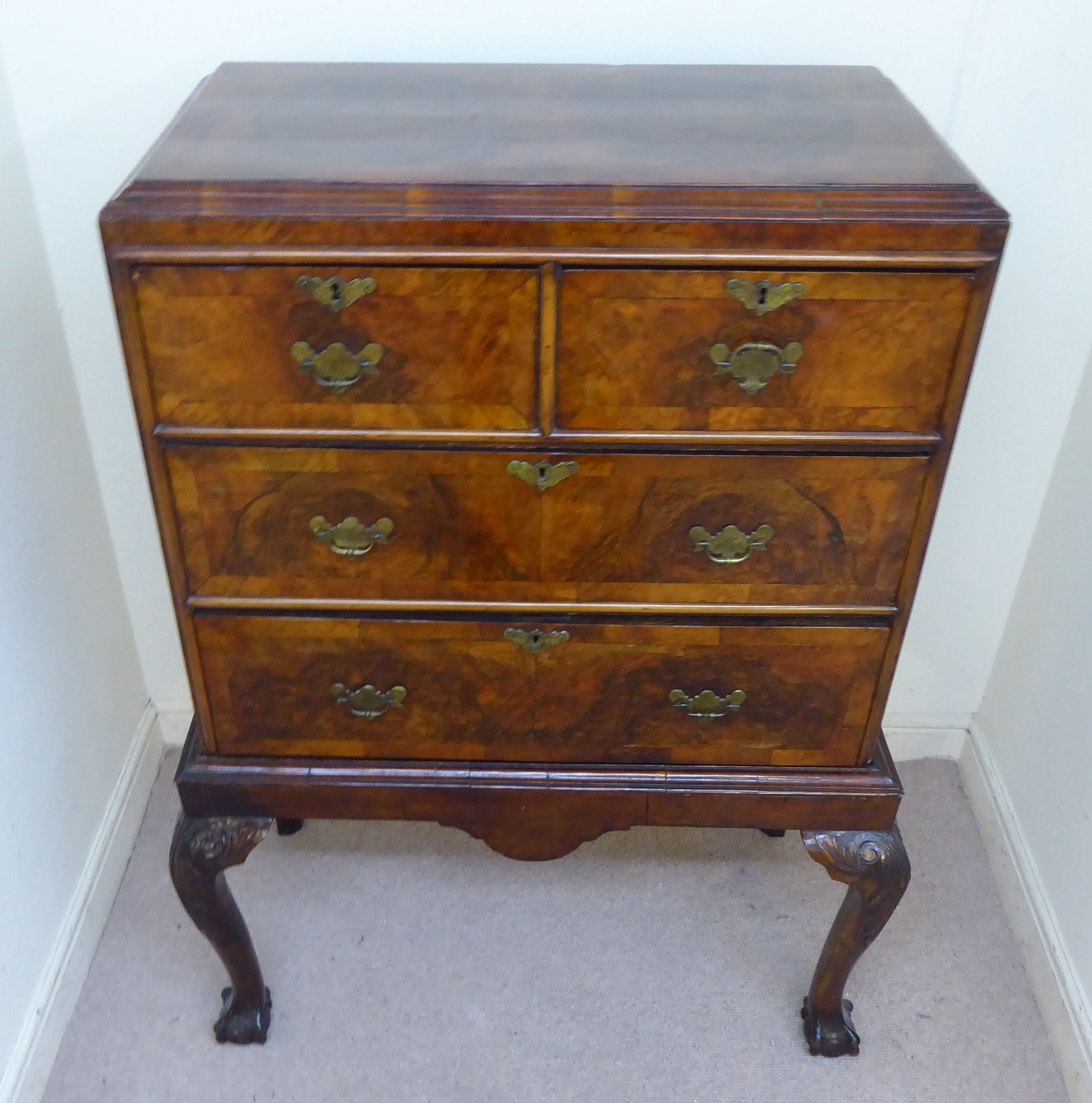 A George III walnut veneered chest on a later stand, - Image 3 of 12
