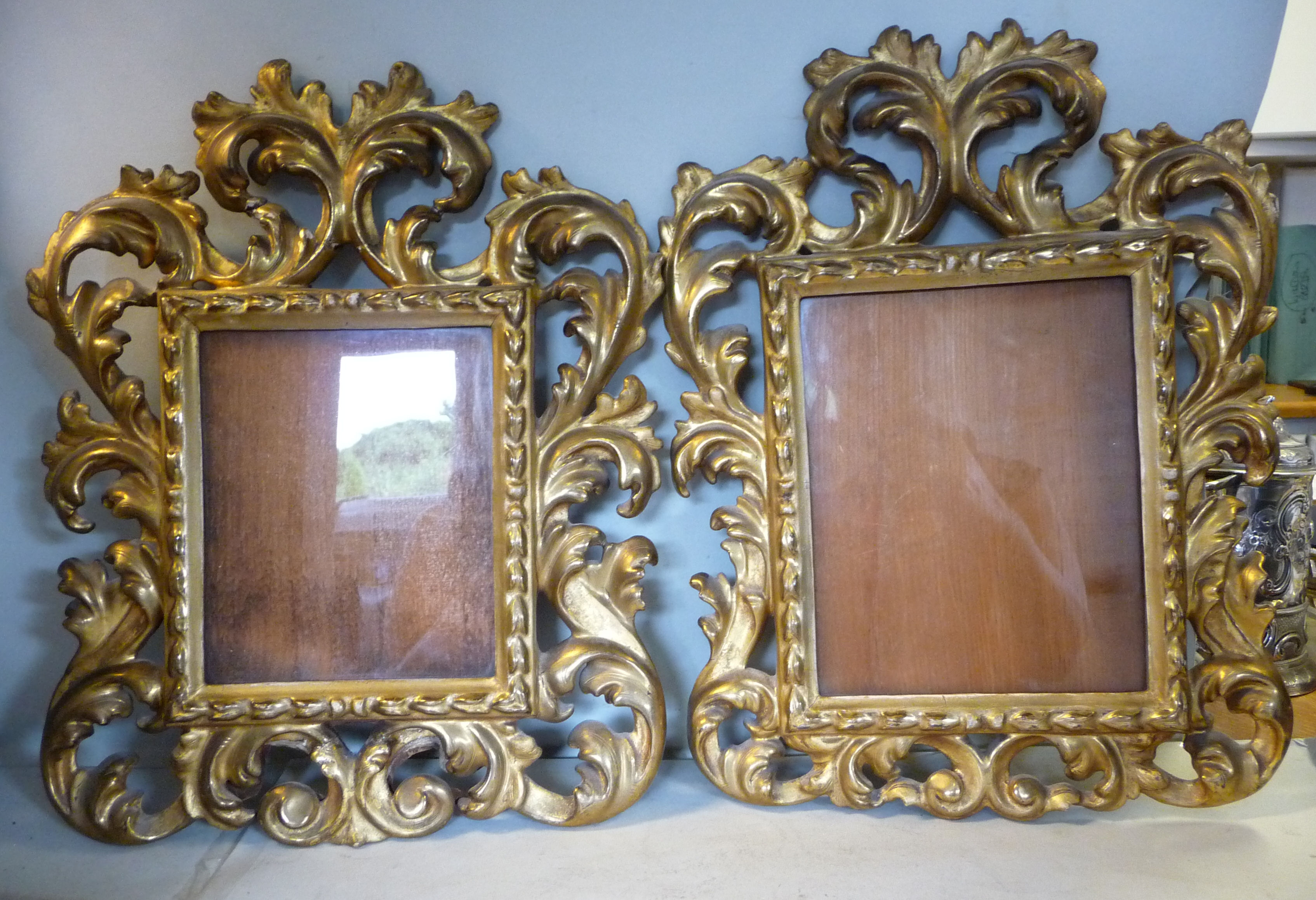 A matched pair of late 19thC Continental foliate scroll carved giltwood picture frames with glazed - Image 2 of 10