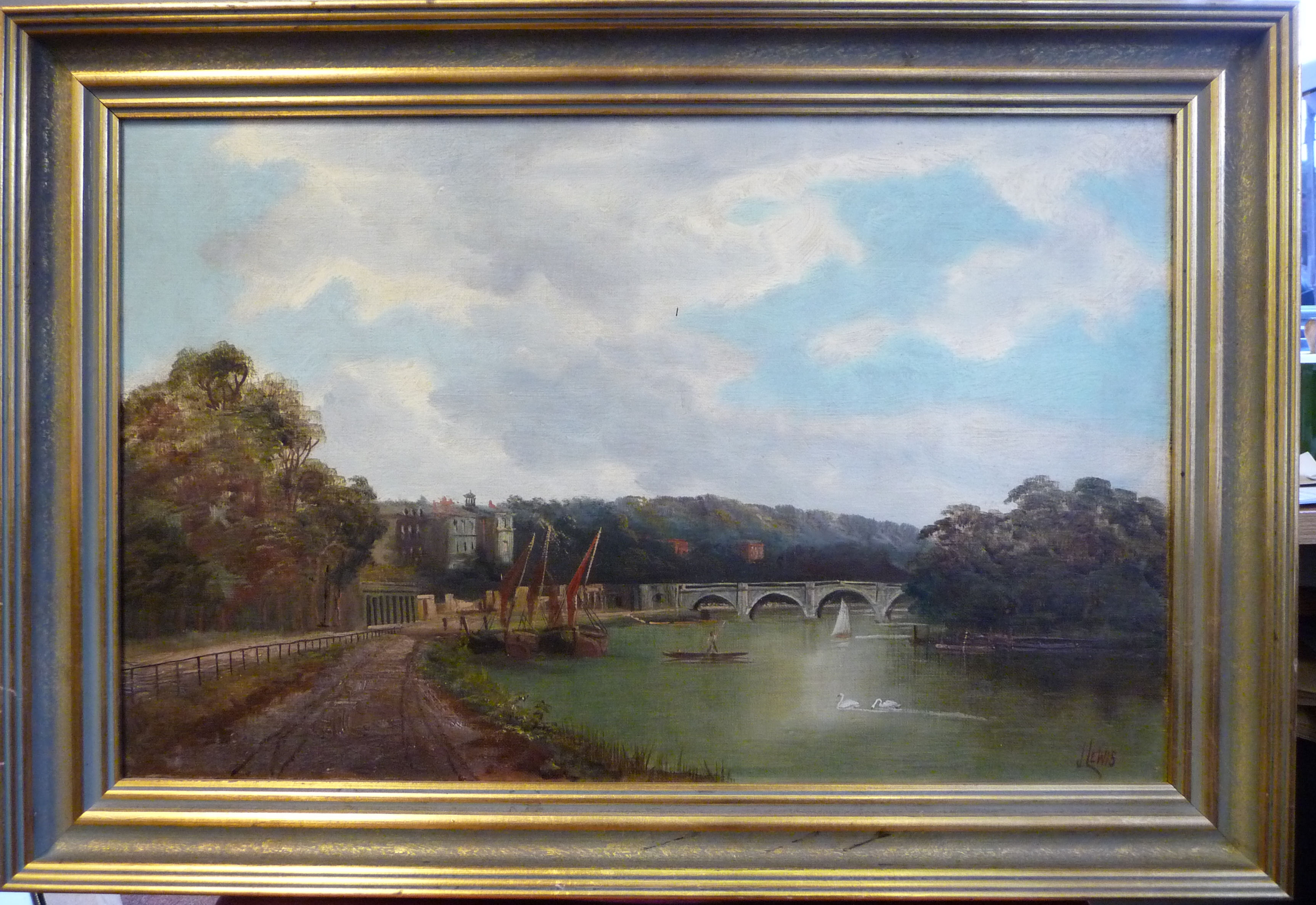 J Lewis - 'The Thames at Richmond' with swans and a figure in a punt in the foreground oil on