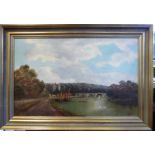J Lewis - 'The Thames at Richmond' with swans and a figure in a punt in the foreground oil on