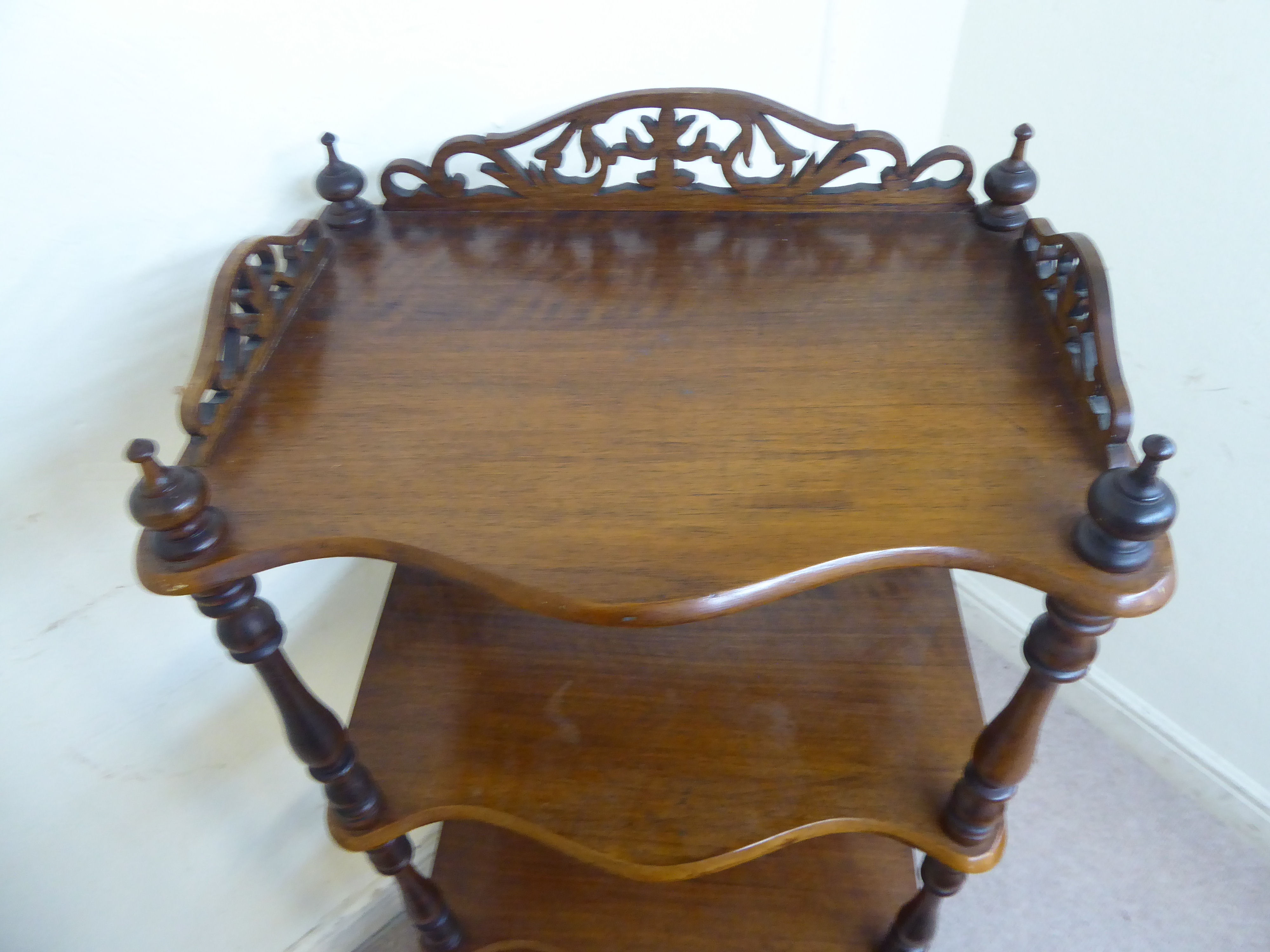 A late Victorian walnut four tier serpentine front what-not, - Image 5 of 8