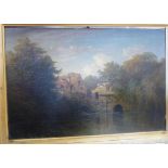 19thC Continental School - a river scene with figures on a terrace and buildings beyond oil on